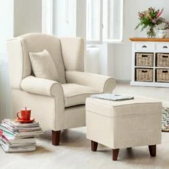 Fauteuil à Oreilles Colmar -HOME24 Soldes ohrensessel colmar webstoff mit hocker stoff maka beige 4827284